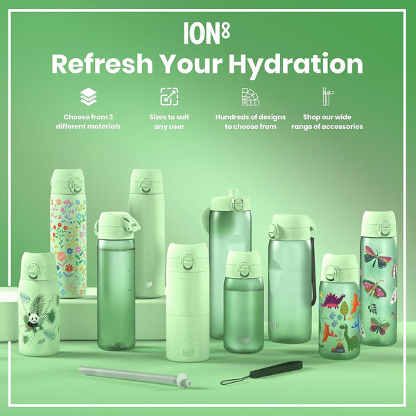 Ion8 Small Water Bottle,Pod 350 ml/12 oz, Leak Proof, Easy to Open, Secure Lock, Dishwasher Safe, BPA Free, Carry Handle, Hygienic Flip Cover, Easy Clean, Odor Free, Carbon Neutral, Surf Green