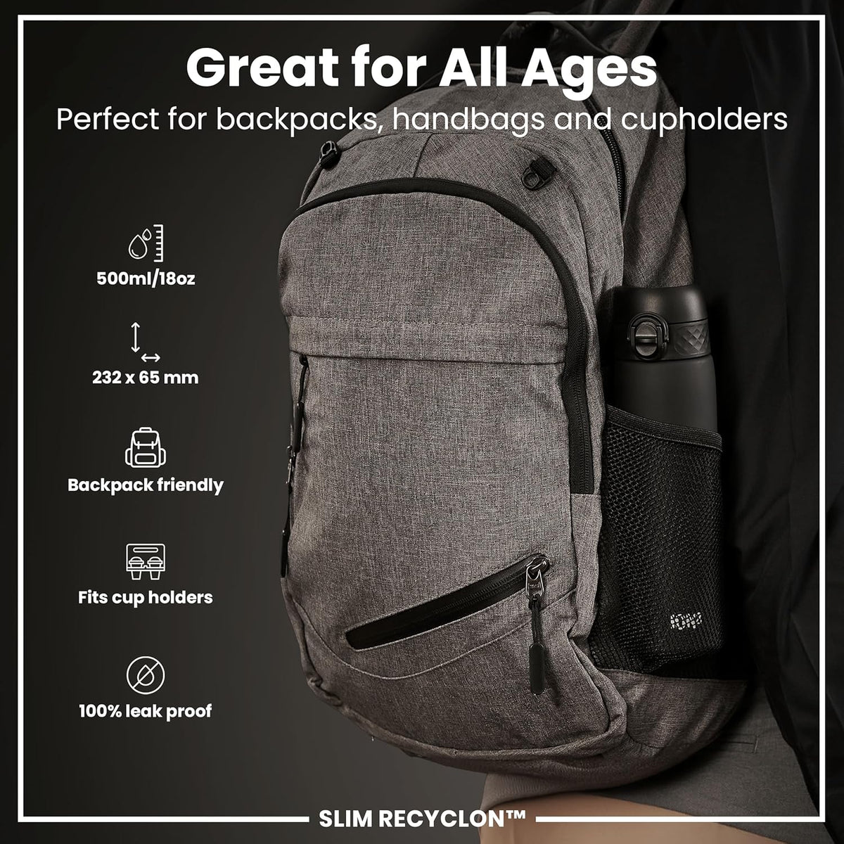 Ion8 Slim Water Bottle, 500 ml/18 oz, Leak Proof, Easy to Open, Secure Lock, Dishwasher Safe, BPA Free, Hygienic Flip Cover, Carry Handle, Fits Cup Holders, Easy Clean, Odor Free, Carbon Neutral, Black