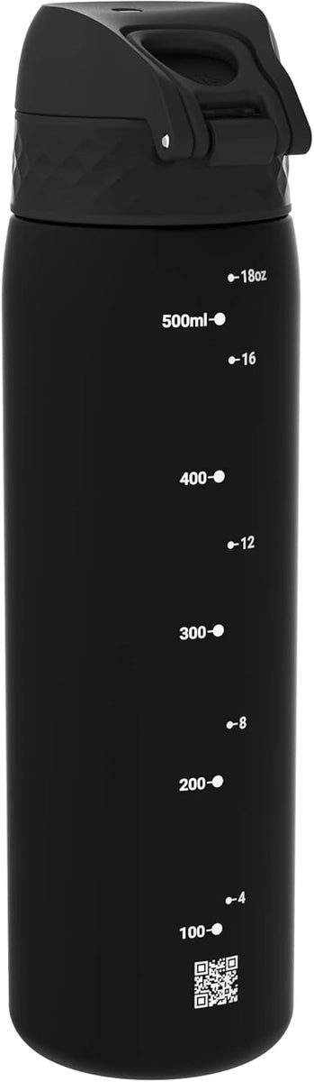 Ion8 Slim Water Bottle, 500 ml/18 oz, Leak Proof, Easy to Open, Secure Lock, Dishwasher Safe, BPA Free, Hygienic Flip Cover, Carry Handle, Fits Cup Holders, Easy Clean, Odor Free, Carbon Neutral, Black