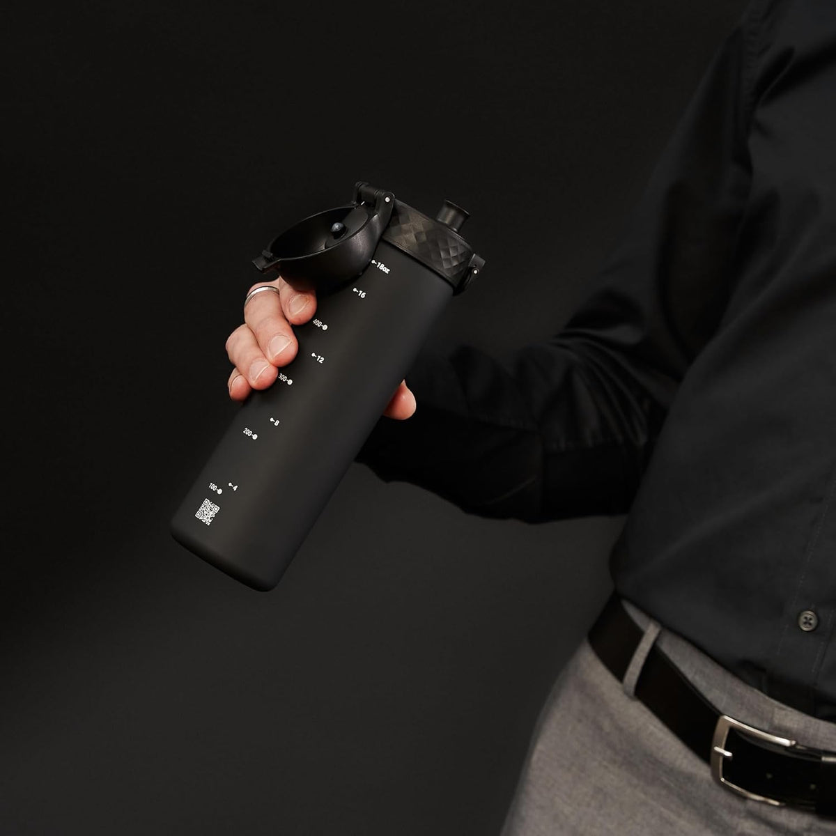 Ion8 Slim Water Bottle, 500 ml/18 oz, Leak Proof, Easy to Open, Secure Lock, Dishwasher Safe, BPA Free, Hygienic Flip Cover, Carry Handle, Fits Cup Holders, Easy Clean, Odor Free, Carbon Neutral, Black