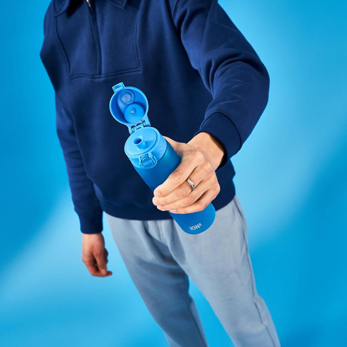 Ion8 Slim Water Bottle, 500 ml/18 oz, Recyclon,  Leak Proof, Easy to Open, Secure Lock, Dishwasher Safe, BPA Free, Hygienic Flip Cover, Carry Handle, Fits Cup Holders, Easy Clean, Odor Free, Carbon Neutral, Blue