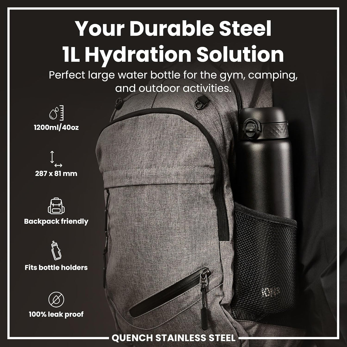 Quench 1 Litre Stainless Steel Water Bottle 1200 ml/40 oz Black