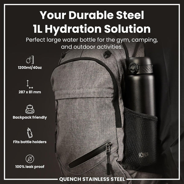 Quench 1 Litre Stainless Steel Water Bottle 1200 ml/40 oz Black