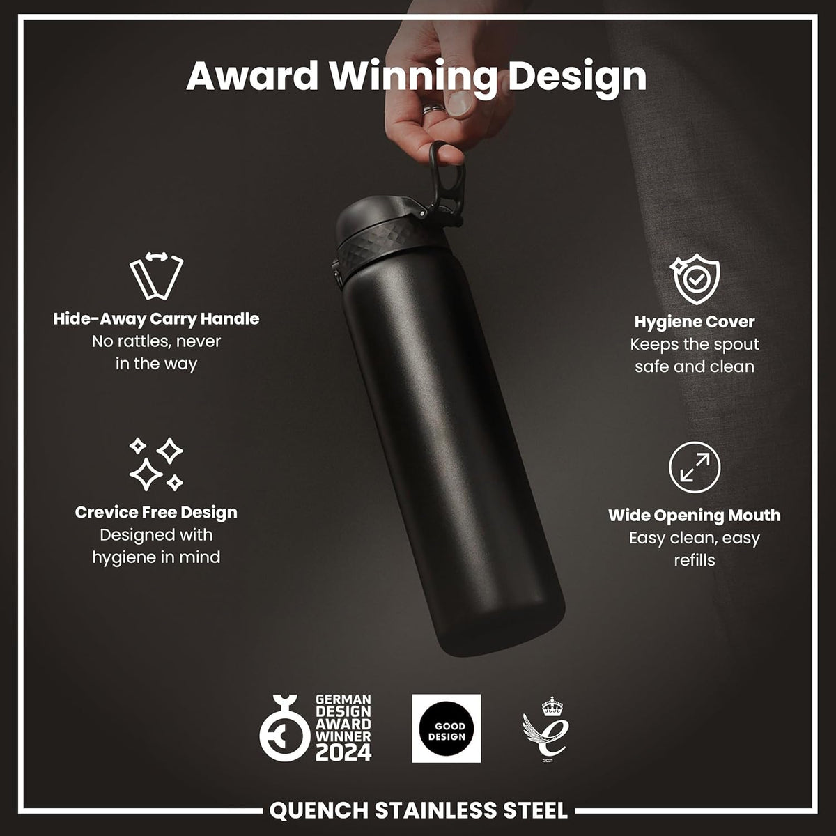 Quench 1 Litre Stainless Steel Water Bottle 1200 ml/40 oz Black