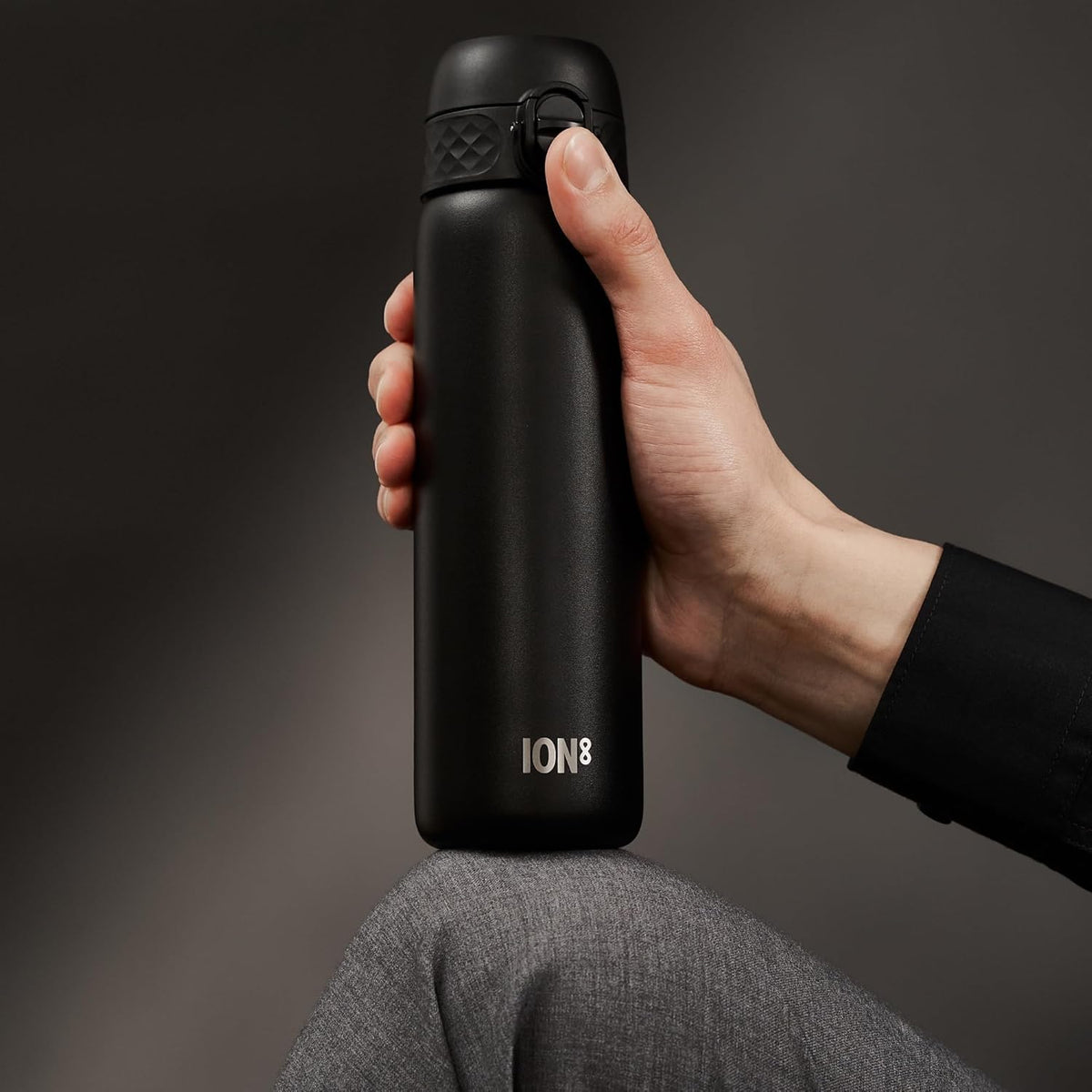 ION8 Slim Lightweight Steel Water Bottle, 600 ml/20 oz, Leak Proof, Easy to Open, Secure Lock, Dishwasher Safe, Hygienic Flip Cover, Fits Cup Holders, Carry Handle, Durable, Scratch Resistant, Carbon Neutral, Black