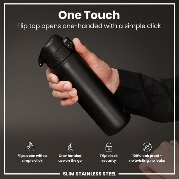 ION8 Slim Lightweight Steel Water Bottle, 600 ml/20 oz, Leak Proof, Easy to Open, Secure Lock, Dishwasher Safe, Hygienic Flip Cover, Fits Cup Holders, Carry Handle, Durable, Scratch Resistant, Carbon Neutral, Black