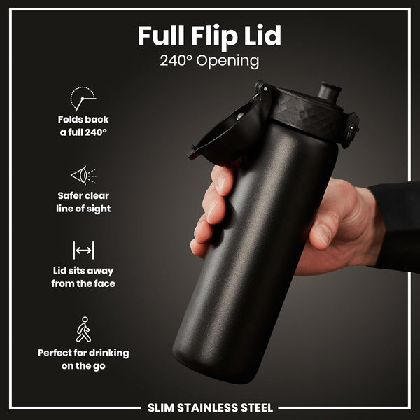 ION8 Slim Lightweight Steel Water Bottle, 600 ml/20 oz, Leak Proof, Easy to Open, Secure Lock, Dishwasher Safe, Hygienic Flip Cover, Fits Cup Holders, Carry Handle, Durable, Scratch Resistant, Carbon Neutral, Black
