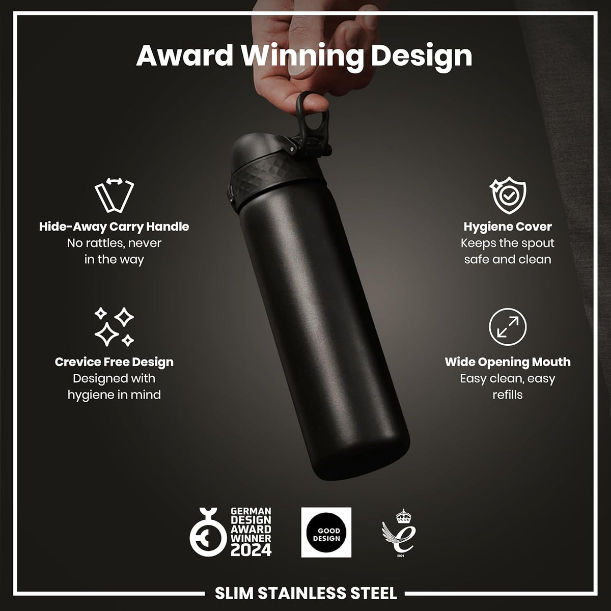 ION8 Slim Lightweight Steel Water Bottle, 600 ml/20 oz, Leak Proof, Easy to Open, Secure Lock, Dishwasher Safe, Hygienic Flip Cover, Fits Cup Holders, Carry Handle, Durable, Scratch Resistant, Carbon Neutral, Black
