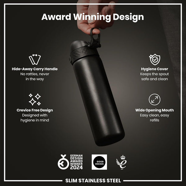 ION8 Slim Lightweight Steel Water Bottle, 600 ml/20 oz, Leak Proof, Easy to Open, Secure Lock, Dishwasher Safe, Hygienic Flip Cover, Fits Cup Holders, Carry Handle, Durable, Scratch Resistant, Carbon Neutral, Black