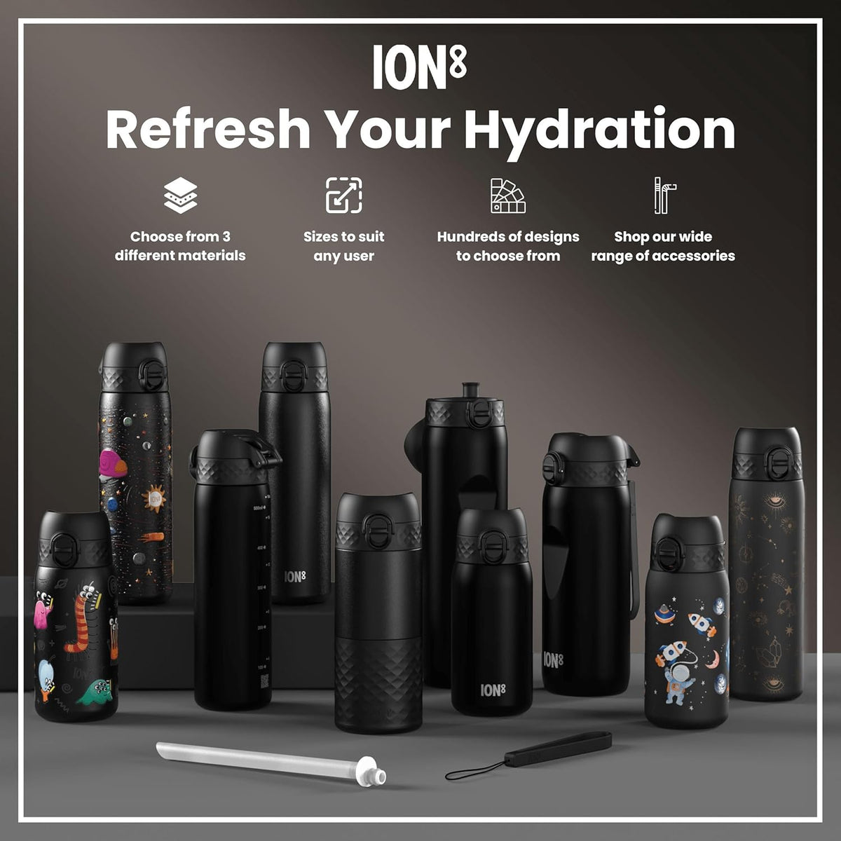 ION8 Slim Lightweight Steel Water Bottle, 600 ml/20 oz, Leak Proof, Easy to Open, Secure Lock, Dishwasher Safe, Hygienic Flip Cover, Fits Cup Holders, Carry Handle, Durable, Scratch Resistant, Carbon Neutral, Black