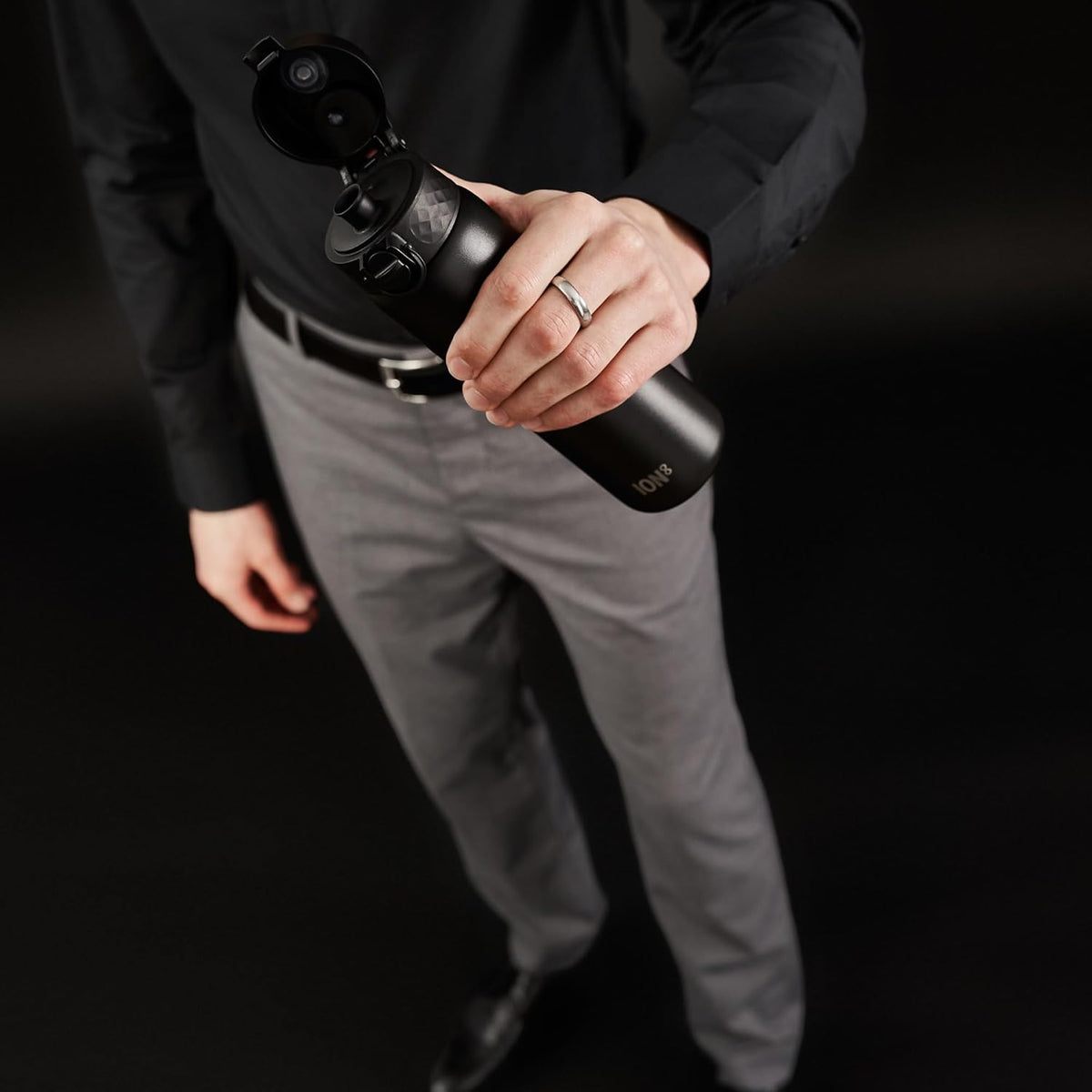 ION8 Slim Lightweight Steel Water Bottle, 600 ml/20 oz, Leak Proof, Easy to Open, Secure Lock, Dishwasher Safe, Hygienic Flip Cover, Fits Cup Holders, Carry Handle, Durable, Scratch Resistant, Carbon Neutral, Black