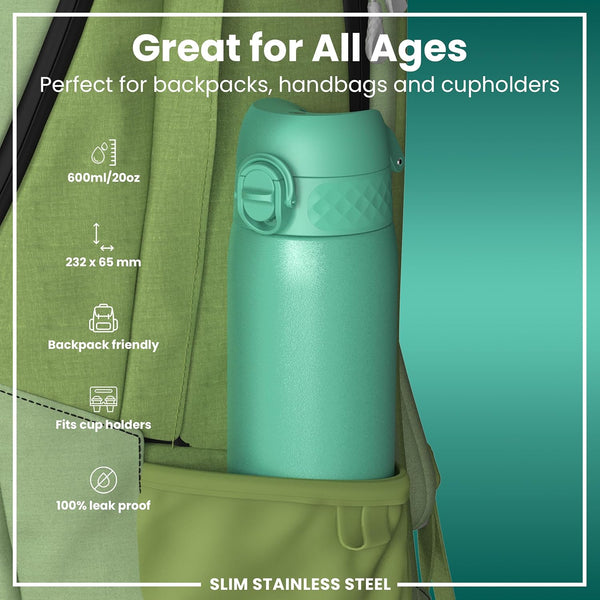 ION8 Slim Steel Water Bottle, 600 ml/20 oz, Leak Proof, Easy to Open, Secure Lock, Dishwasher Safe, Flip Cover, Fits Cup Holders, Carry Handle, Durable, Scratch Resistant, Carbon Neutral, Teal Green