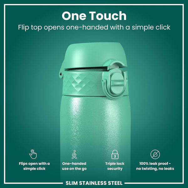 ION8 Slim Steel Water Bottle, 600 ml/20 oz, Leak Proof, Easy to Open, Secure Lock, Dishwasher Safe, Flip Cover, Fits Cup Holders, Carry Handle, Durable, Scratch Resistant, Carbon Neutral, Teal Green