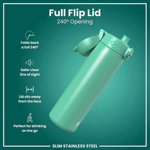 ION8 Slim Steel Water Bottle, 600 ml/20 oz, Leak Proof, Easy to Open, Secure Lock, Dishwasher Safe, Flip Cover, Fits Cup Holders, Carry Handle, Durable, Scratch Resistant, Carbon Neutral, Teal Green