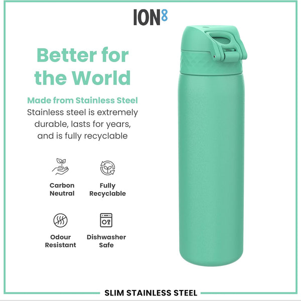 ION8 Slim Steel Water Bottle, 600 ml/20 oz, Leak Proof, Easy to Open, Secure Lock, Dishwasher Safe, Flip Cover, Fits Cup Holders, Carry Handle, Durable, Scratch Resistant, Carbon Neutral, Teal Green