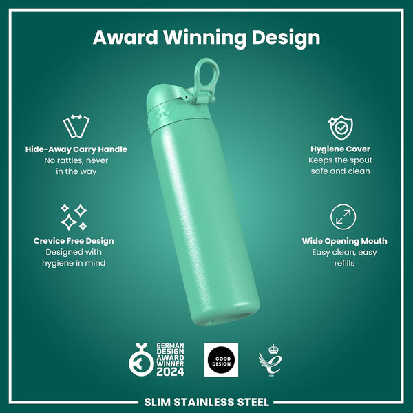 ION8 Slim Steel Water Bottle, 600 ml/20 oz, Leak Proof, Easy to Open, Secure Lock, Dishwasher Safe, Flip Cover, Fits Cup Holders, Carry Handle, Durable, Scratch Resistant, Carbon Neutral, Teal Green