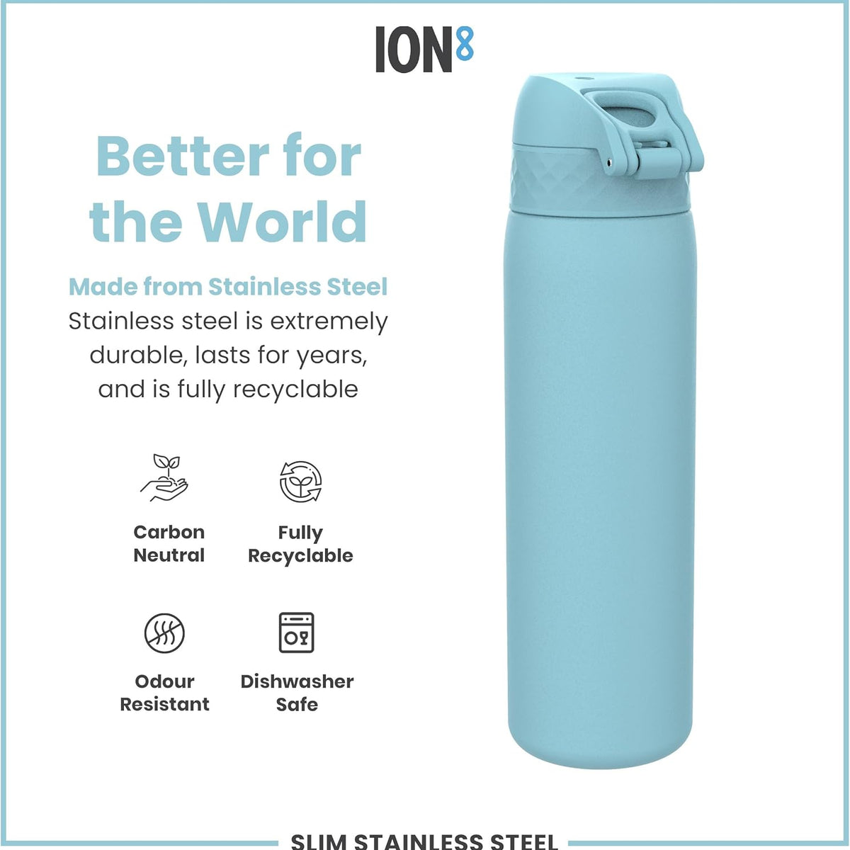 Leak Proof Slim Water Bottle, Lightweight Stainless Steel 20oz- Alaska Blue