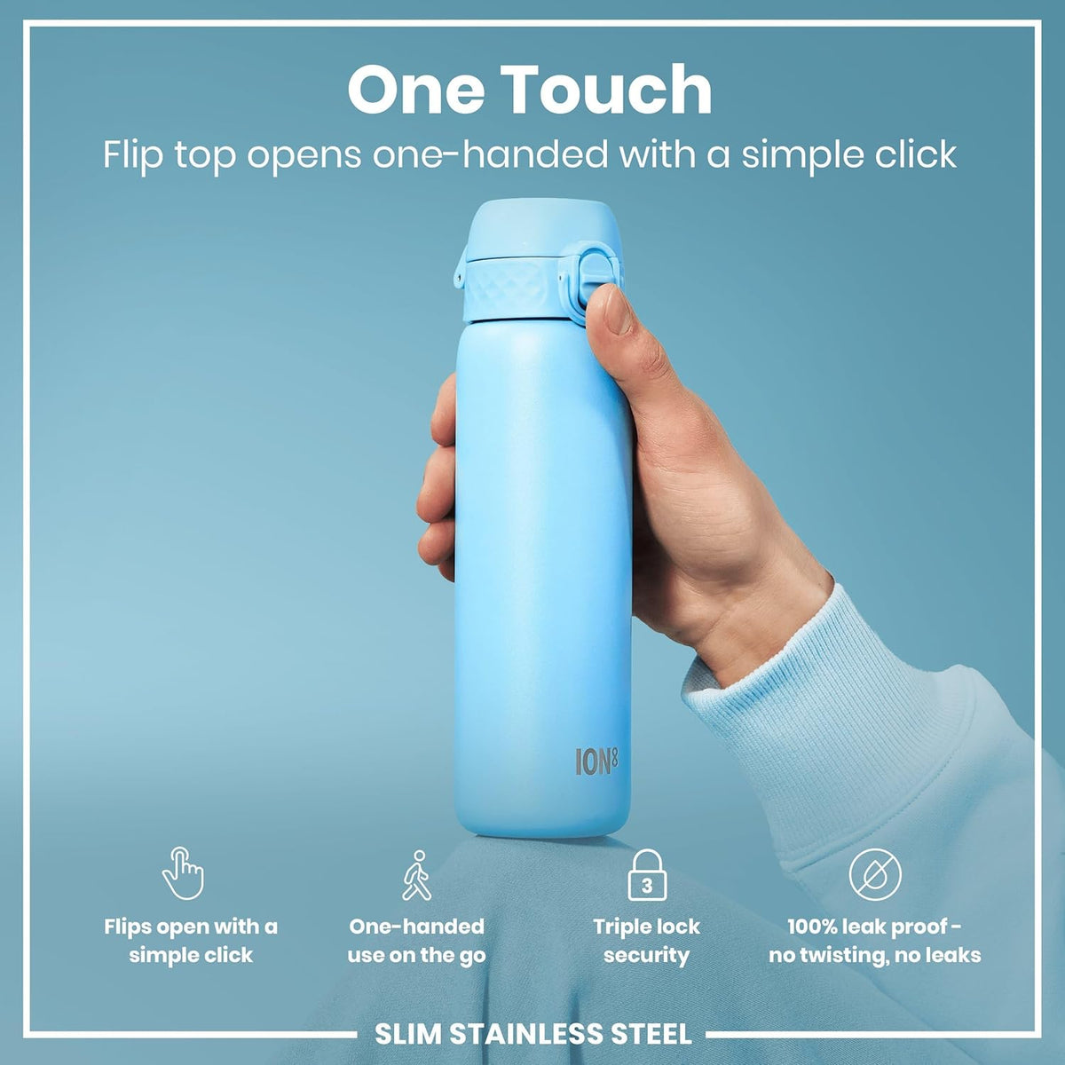 Leak Proof Slim Water Bottle, Lightweight Stainless Steel 20oz- Alaska Blue