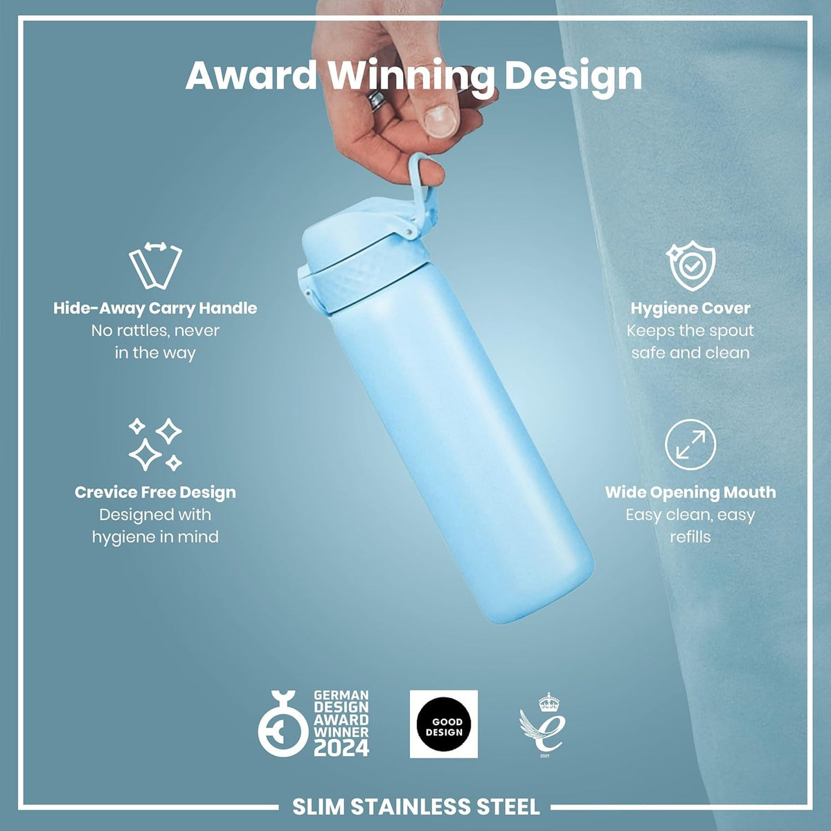 Leak Proof Slim Water Bottle, Lightweight Stainless Steel 20oz- Alaska Blue