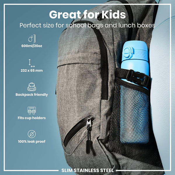 Leak Proof Slim Water Bottle, Lightweight Stainless Steel 20oz- Alaska Blue