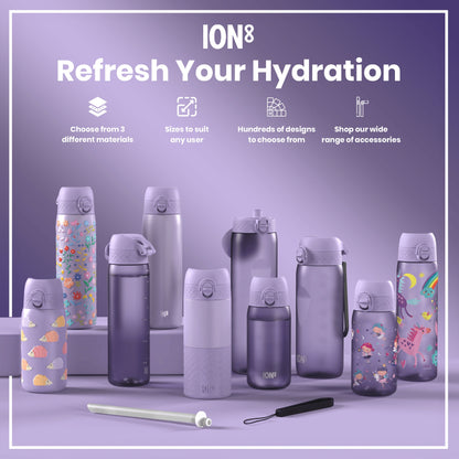 Several purple ION8 water bottles, of varying sizes and designs, are displayed on a lavender surface. They showcase different materials and patterns. Accessories are also shown.
