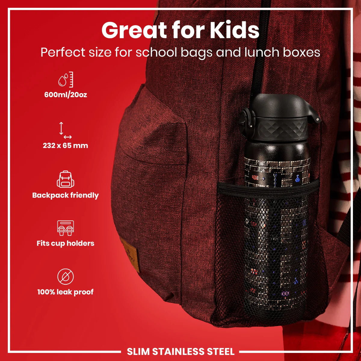 Leak Proof Slim Water Bottle Lightweight Stainless Steel 20oz- Gaming
