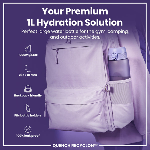 A lavender water bottle fits inside a purple backpack's side pocket; it's 1000ml/34oz, 287x81 mm, and leakproof, ideal for gym, camping, and outdoor use.