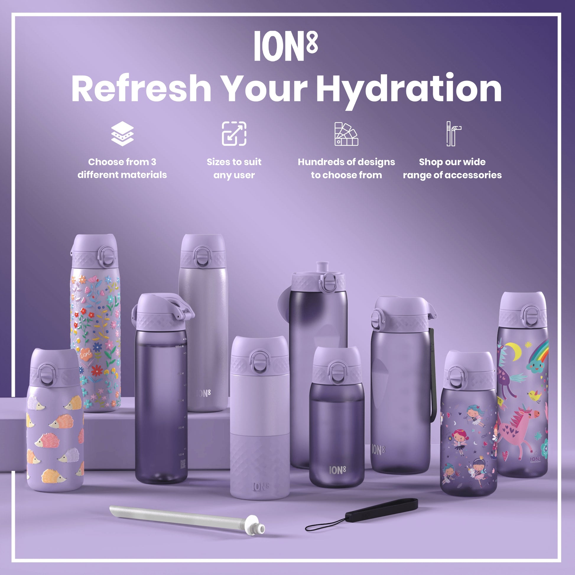 Various ION8 water bottles, displayed on a purple surface, offer different sizes, materials, and designs. Accessories are also shown.
