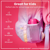 A lavender backpack; containing a pink water bottle in its mesh pocket; against a pink background. Great for Kids. Perfect size for school bags and lunch boxes. 350ml/12oz. 169 x 67 mm. Lunch box friendly. Fits cup holders. 100% leak proof. POD RECYCLON™.