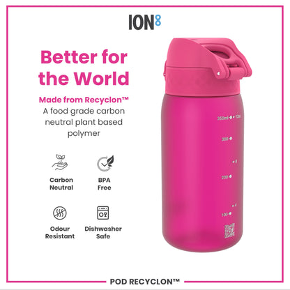 A pink water bottle sits against a white background. It's made from a plant-based polymer, is BPA-free, dishwasher safe, and carbon neutral. The bottle displays volume markings.