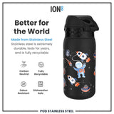 A black stainless steel water bottle, featuring a space theme, sits on a white background. It is advertised as durable, recyclable, and dishwasher safe. 