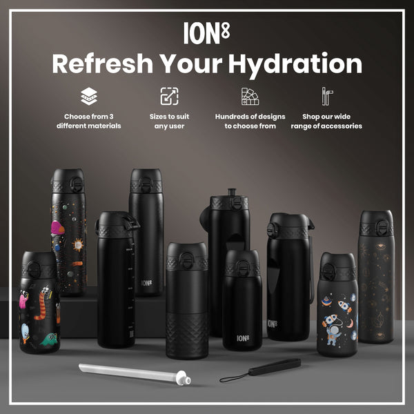 Several ION8 branded water bottles, in various sizes and designs, are displayed on a gray surface. Choose from 3 different materials. Sizes to suit any user. Hundreds of designs to choose from. Shop our wide range of accessories.