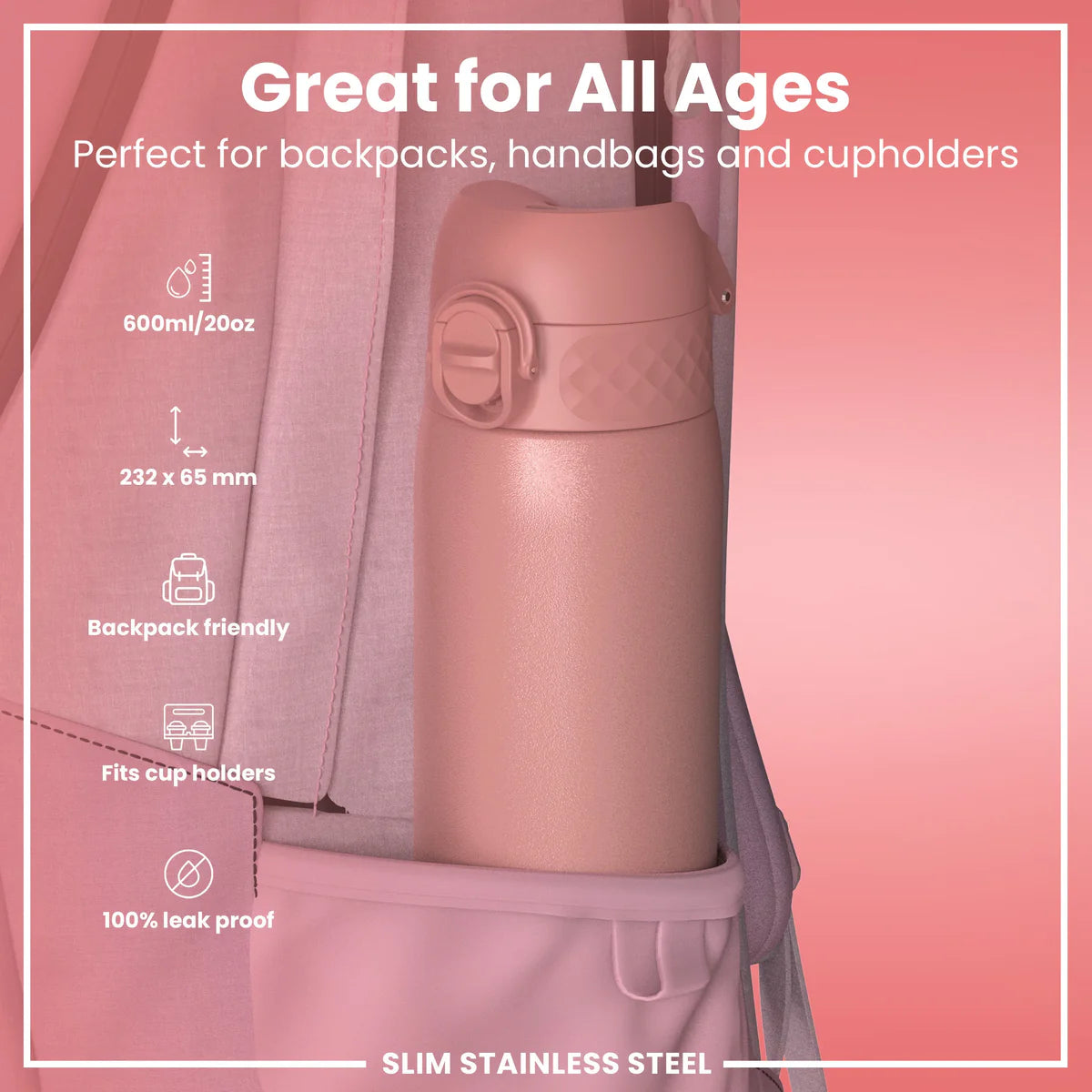 Leak Proof Lightweight Stainless Steel 20oz- Rose Pink
