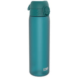 A teal water bottle stands upright against a white background. The bottle has a hinged, textured lid with a push-button closure. The brand 