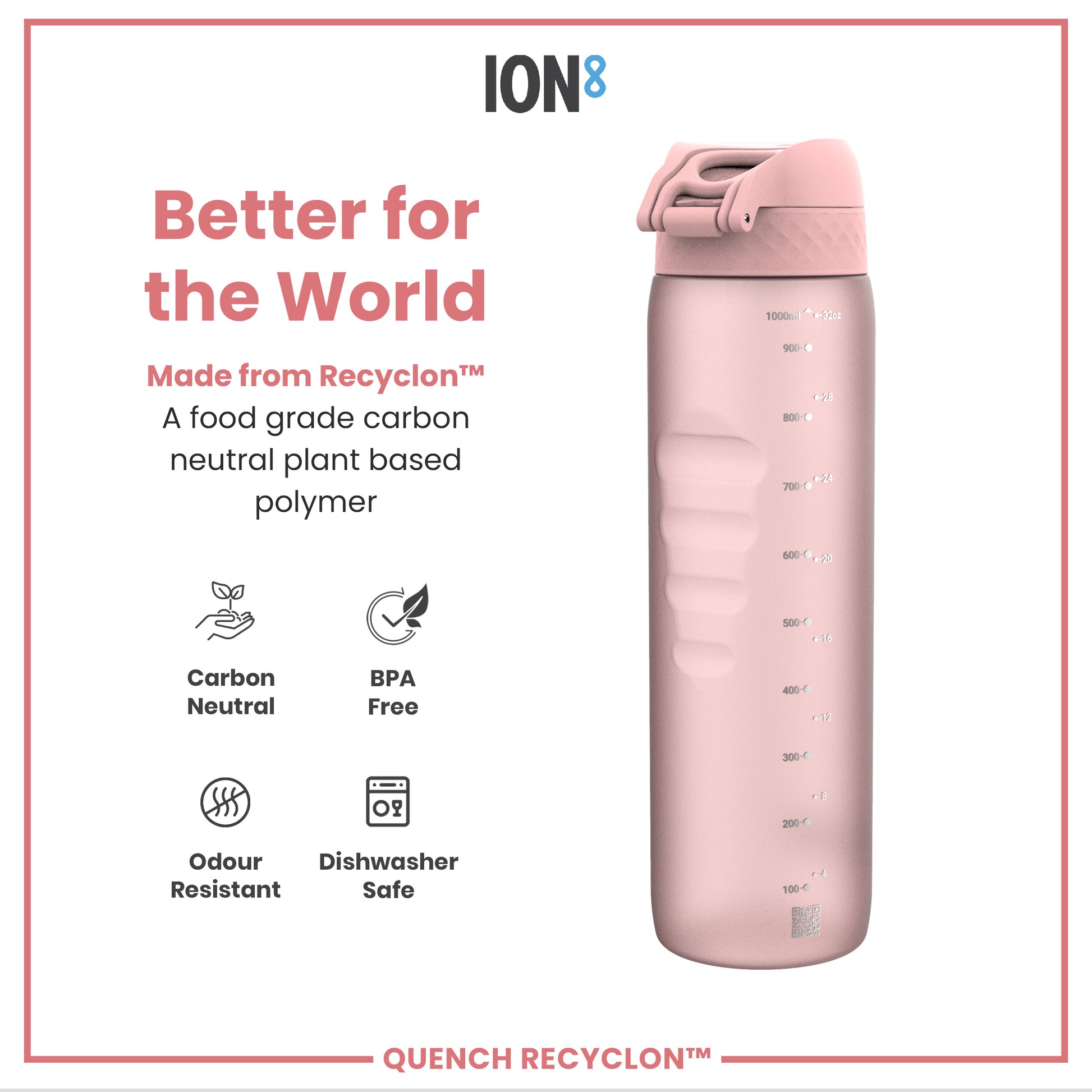 A pink water bottle sits against a white background. It is made from a plant-based polymer and is BPA free, dishwasher safe, odor resistant, and carbon neutral. The bottle is marked with measurements in milliliters and ounces. "Better for the World," "Made from Recyclon™," and "Quench Recyclon™" are written on the advertisement.