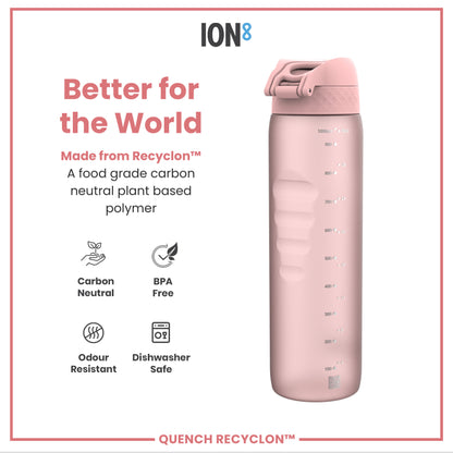 A pink water bottle sits against a white background. It is made from a plant-based polymer and is BPA free, dishwasher safe, odor resistant, and carbon neutral. The bottle is marked with measurements in milliliters and ounces. "Better for the World," "Made from Recyclon™," and "Quench Recyclon™" are written on the advertisement.