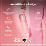 A pink water bottle is being held; its features are highlighted in text, including a hide-away handle, crevice-free design, contoured grip, hygiene cover, and wide mouth. The bottle is award-winning.