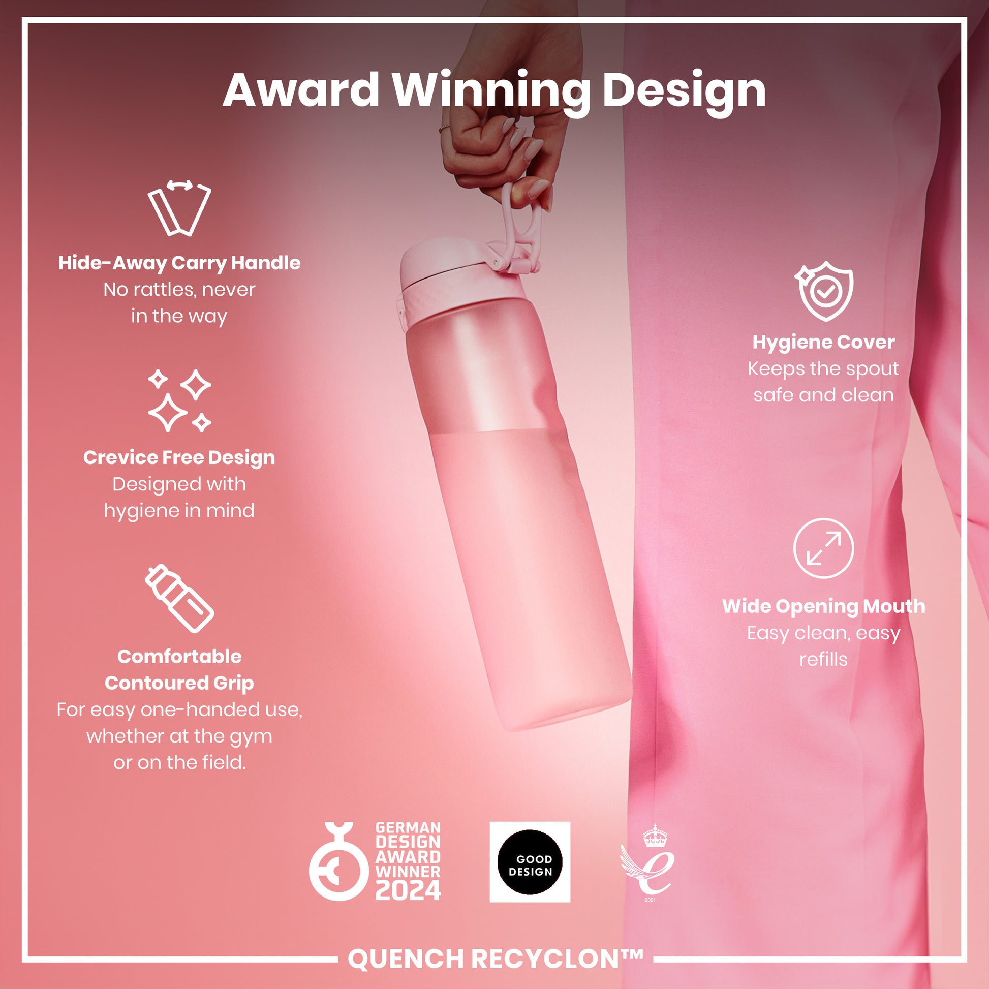 A pink water bottle is being held; its features are highlighted in text, including a hide-away handle, crevice-free design, contoured grip, hygiene cover, and wide mouth. The bottle is award-winning.