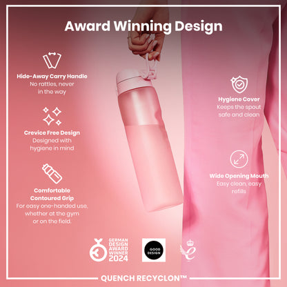 A pink water bottle is being held; its features are highlighted in text, including a hide-away handle, crevice-free design, contoured grip, hygiene cover, and wide mouth. The bottle is award-winning.