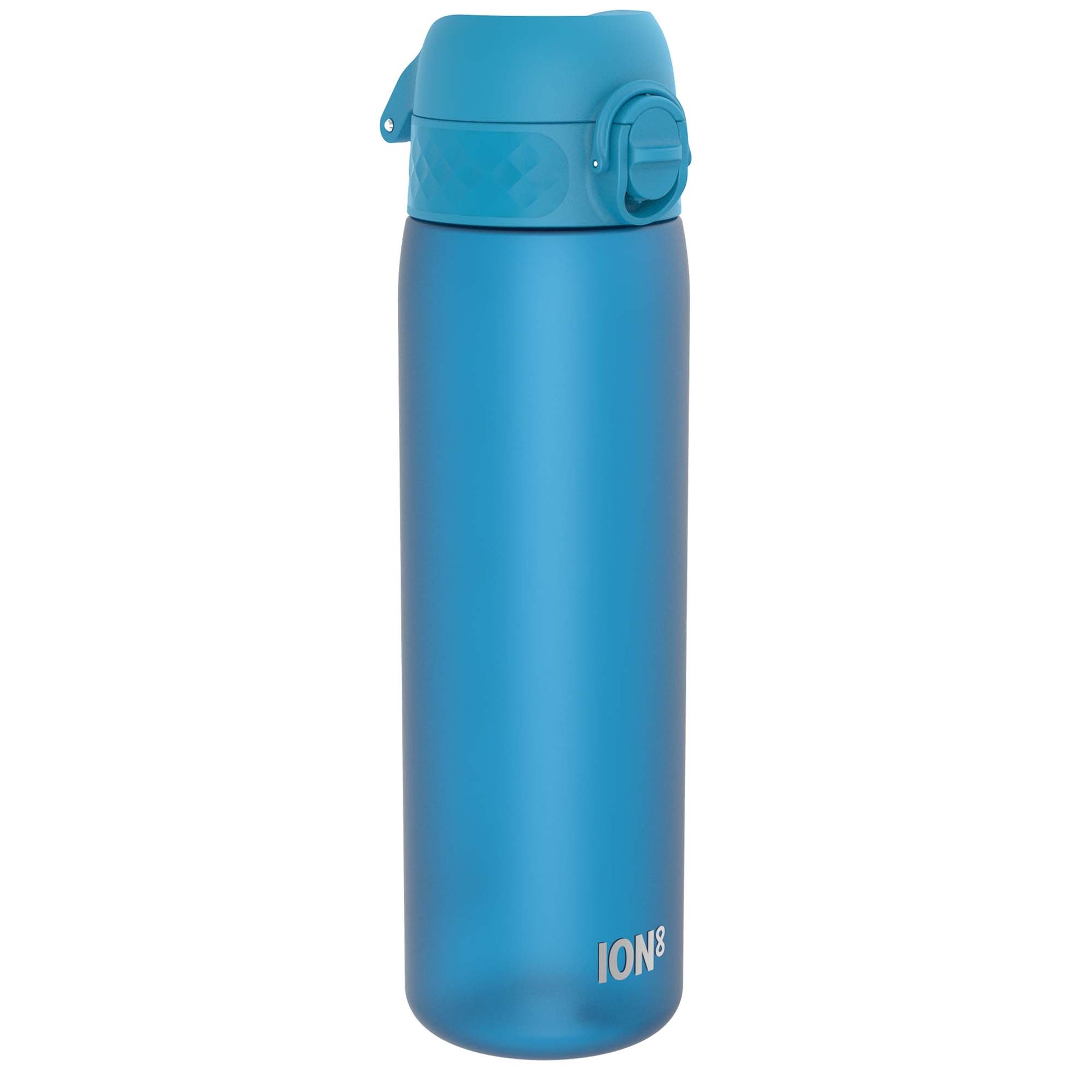 A blue plastic water bottle stands upright against a white background. ION8 is printed near the base.