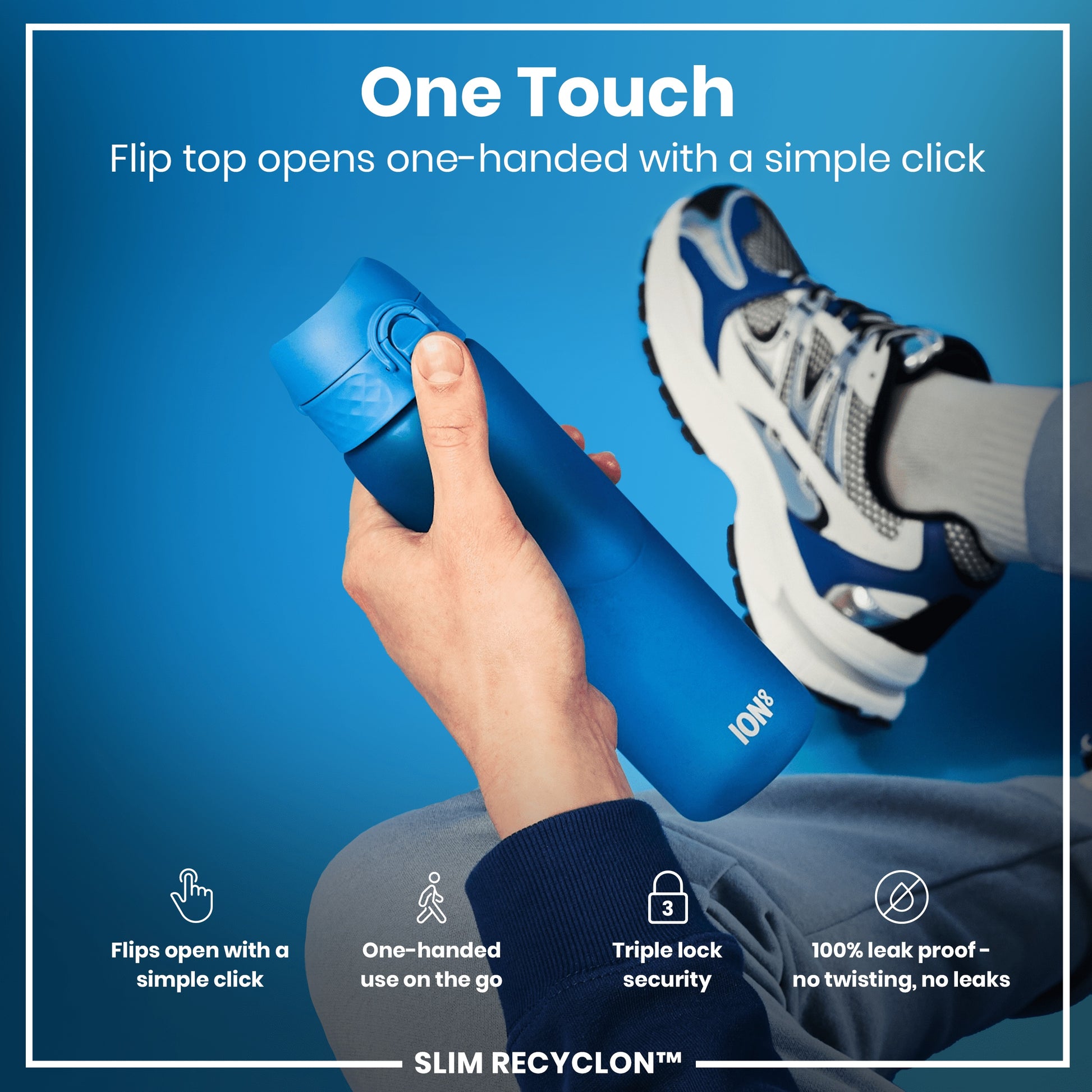 A hand holds a blue, cylindrical water bottle; its flip top opens with a single click. The context is a person in athletic clothing against a blue background.