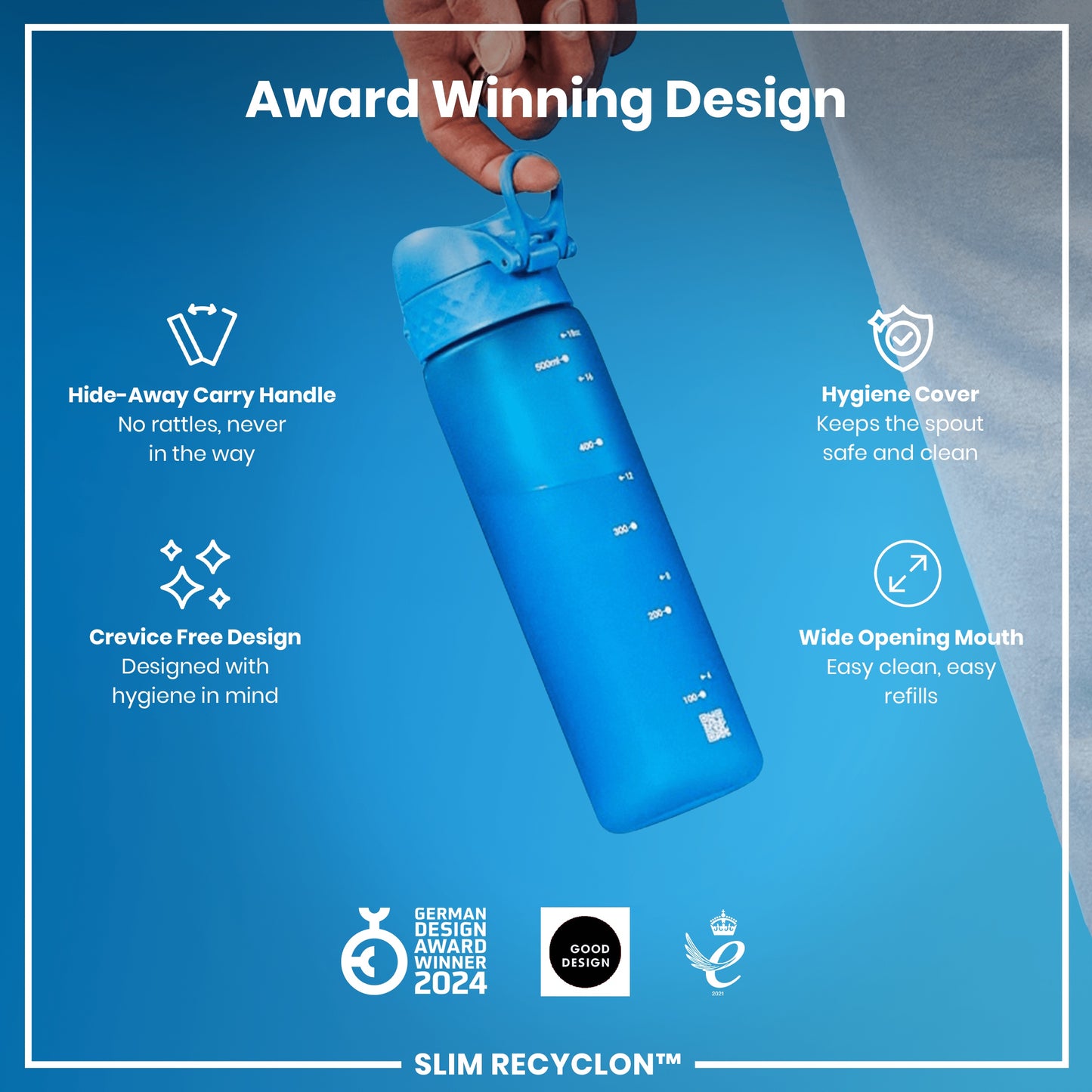 A blue water bottle is being held; it features a hide-away handle, hygiene cover, and wide mouth. Award-winning design, German Design Award Winner 2024, Good Design, and 2021 awards are displayed.