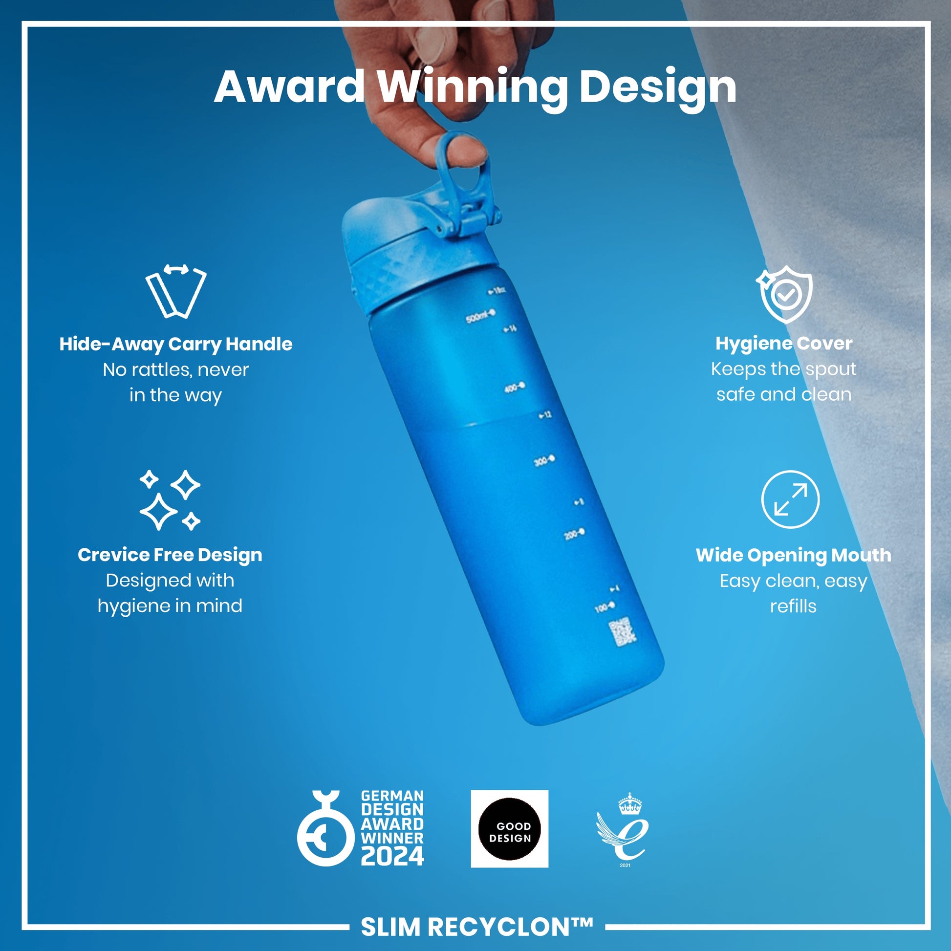 A blue water bottle is being held; it features a hide-away handle, hygiene cover, and wide mouth. Award-winning design, German Design Award Winner 2024, Good Design, and 2021 awards are displayed.