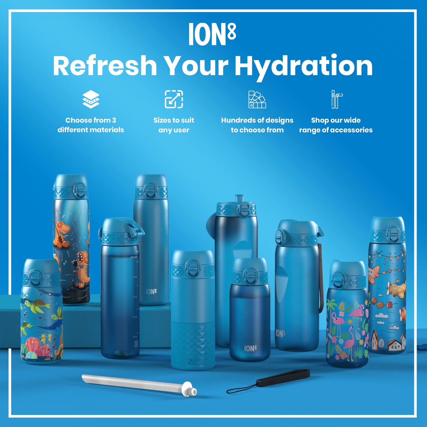 Several ION8 water bottles, various sizes and designs, are displayed on a blue surface; accompanying text advertises material choices, sizes, designs, and accessories.