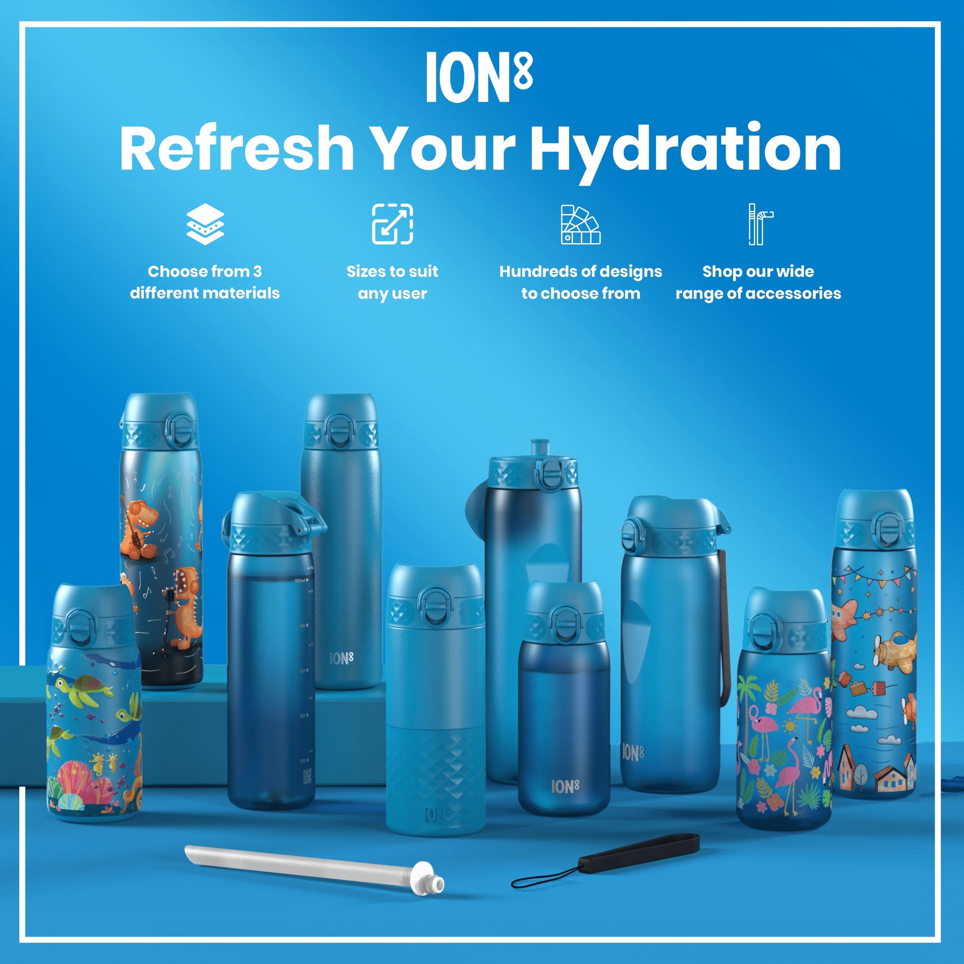 Several ION8 water bottles, various sizes and designs, are displayed on a blue surface; accompanying text advertises material choices, sizes, designs, and accessories.