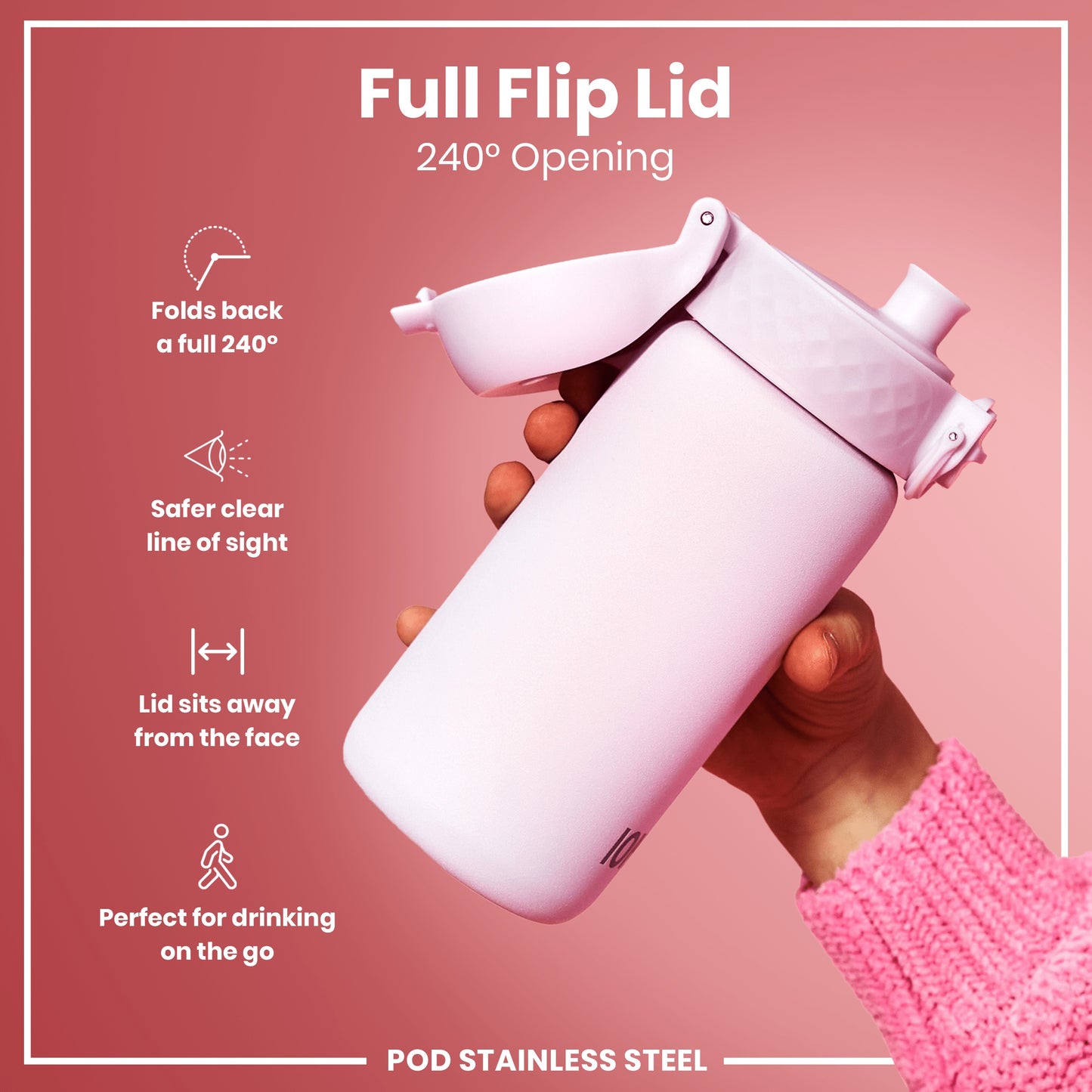 A light pink stainless steel water bottle, with a full flip lid that opens 240 degrees, is being held; against a pink background.