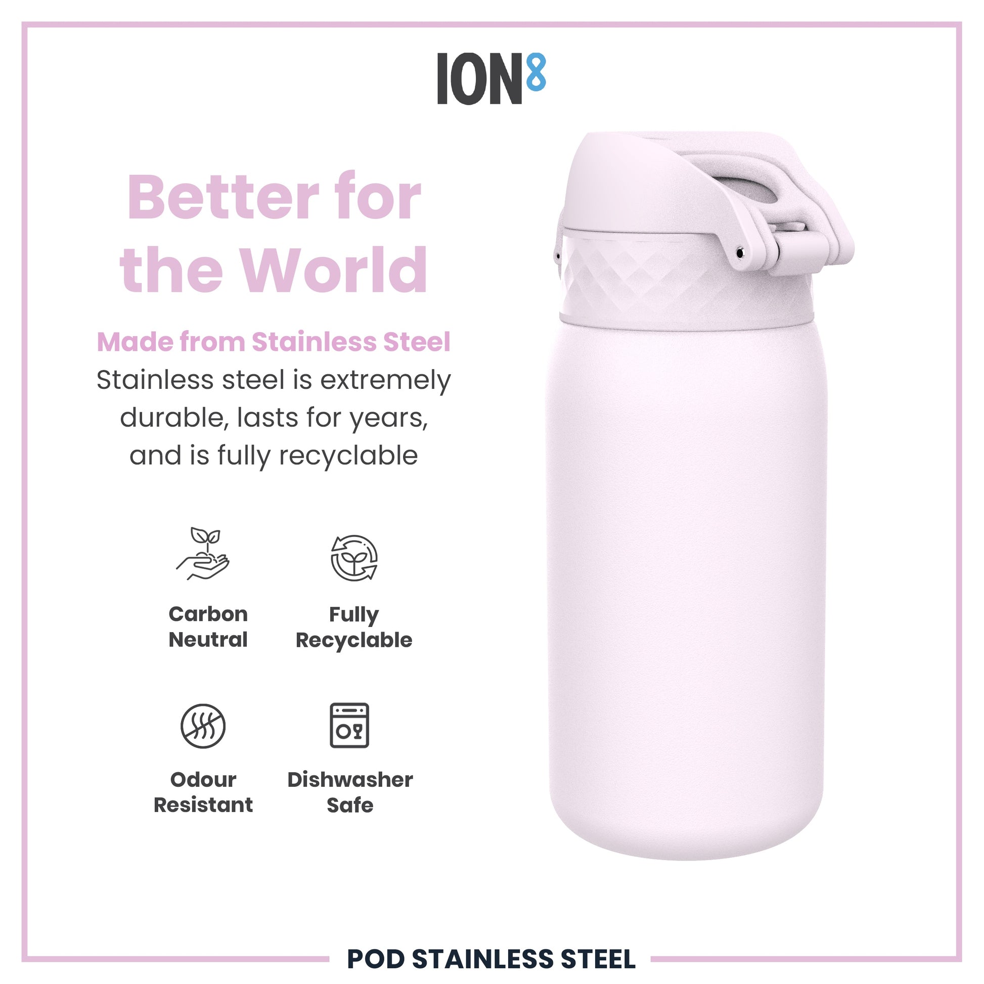 A light-purple stainless steel water bottle sits against a white background; it's advertised as durable, recyclable, and dishwasher safe.