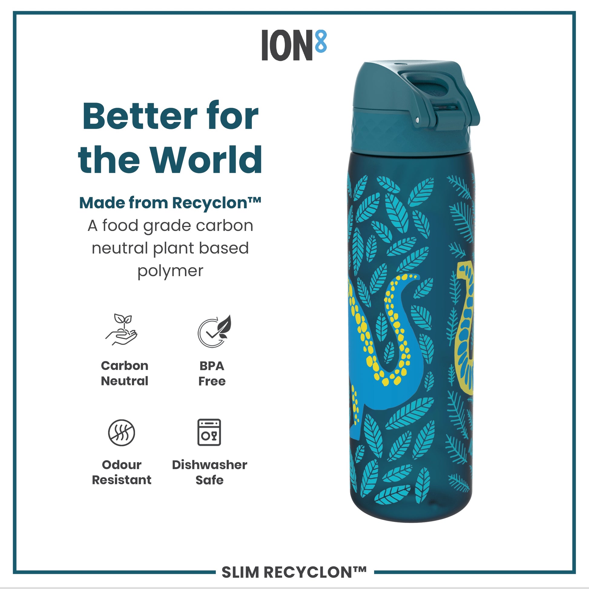 A teal water bottle, featuring a leaf and creature design, sits against a white background. It’s made from Recyclon™, a plant-based polymer, and is BPA-free, odour resistant, and dishwasher safe.