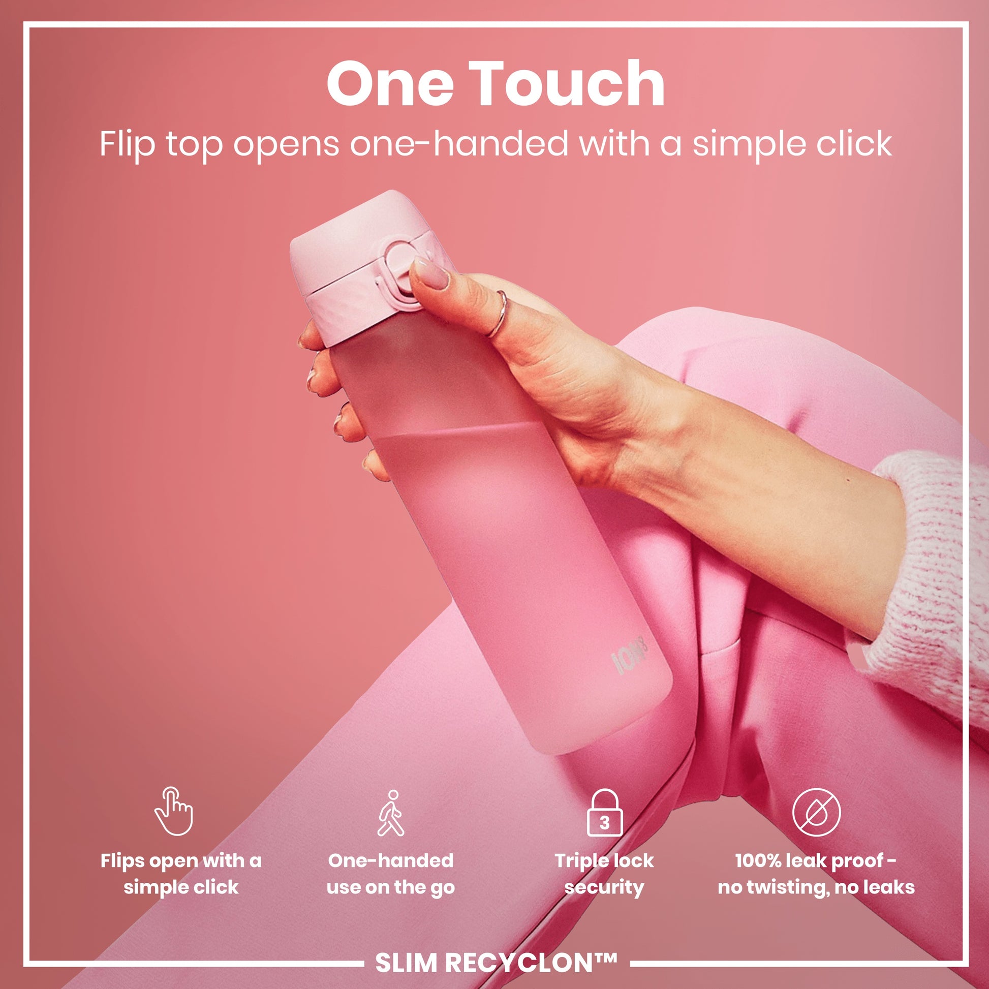 A pink water bottle is held; its flip top opens with a single click. The context is a pink background with additional product information.