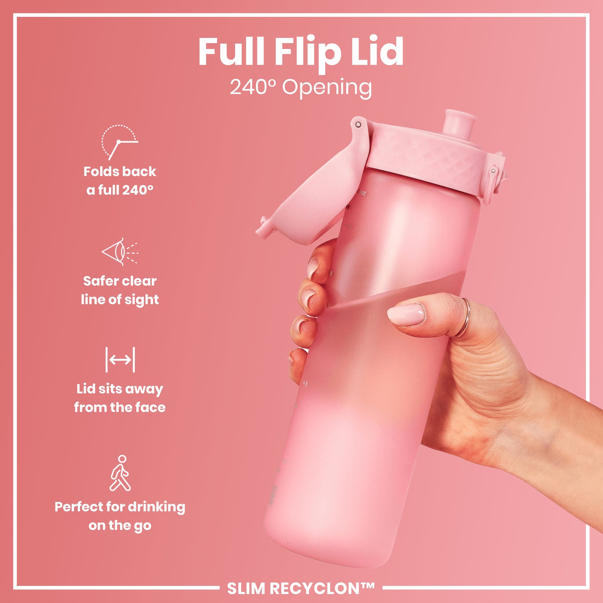 A pink water bottle, held by a hand, features a 240° opening flip lid. The bottle is shown against a pink background; text highlights the lid's design and functionality. SLIM RECYCLON™ is also visible.